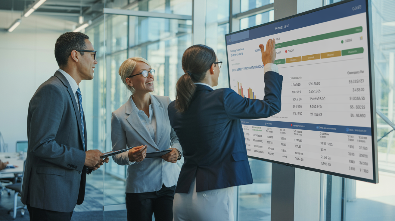 Business team reviewing financial reports and expense data in a modern conference room