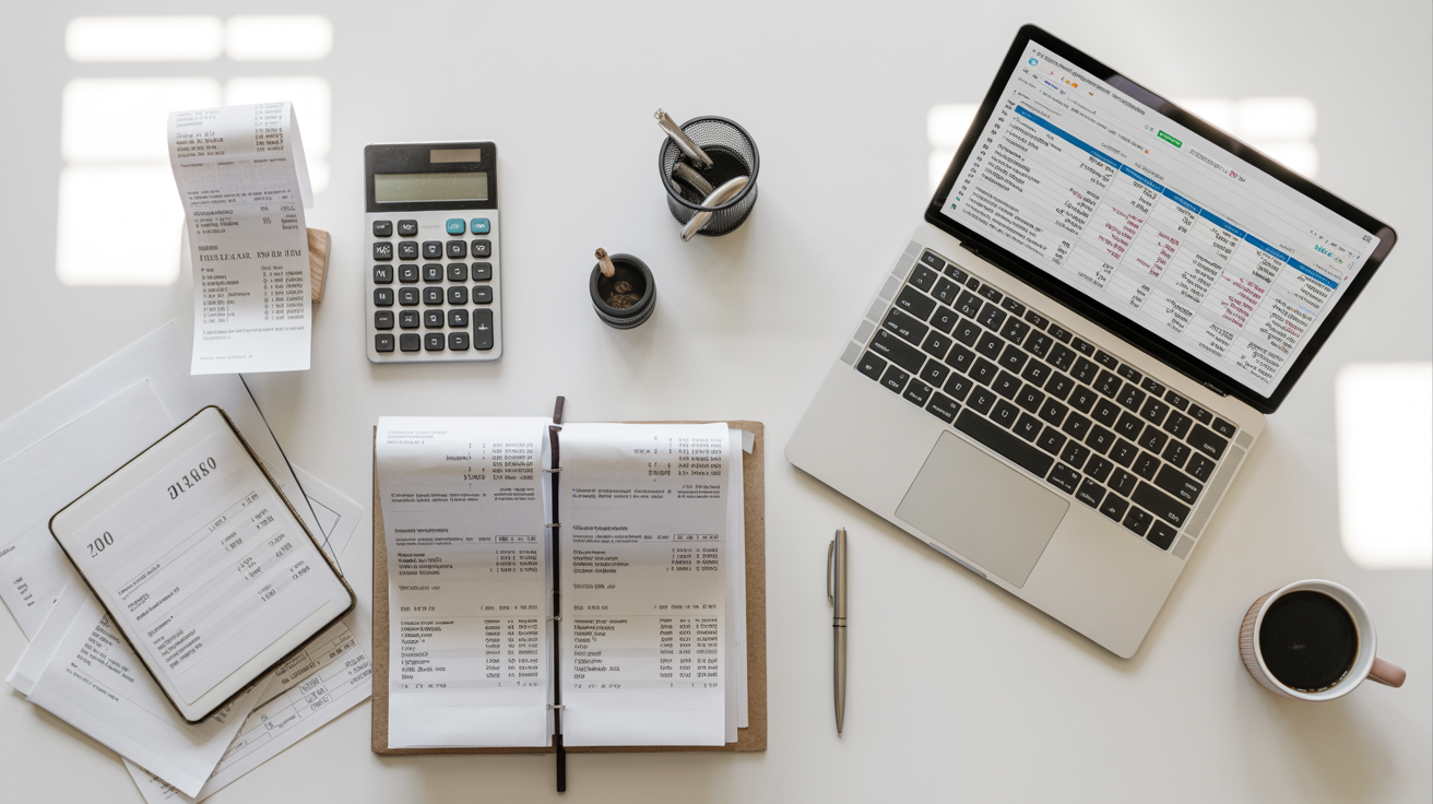 Organized desk with receipts, calculator, and laptop showing expense reports
