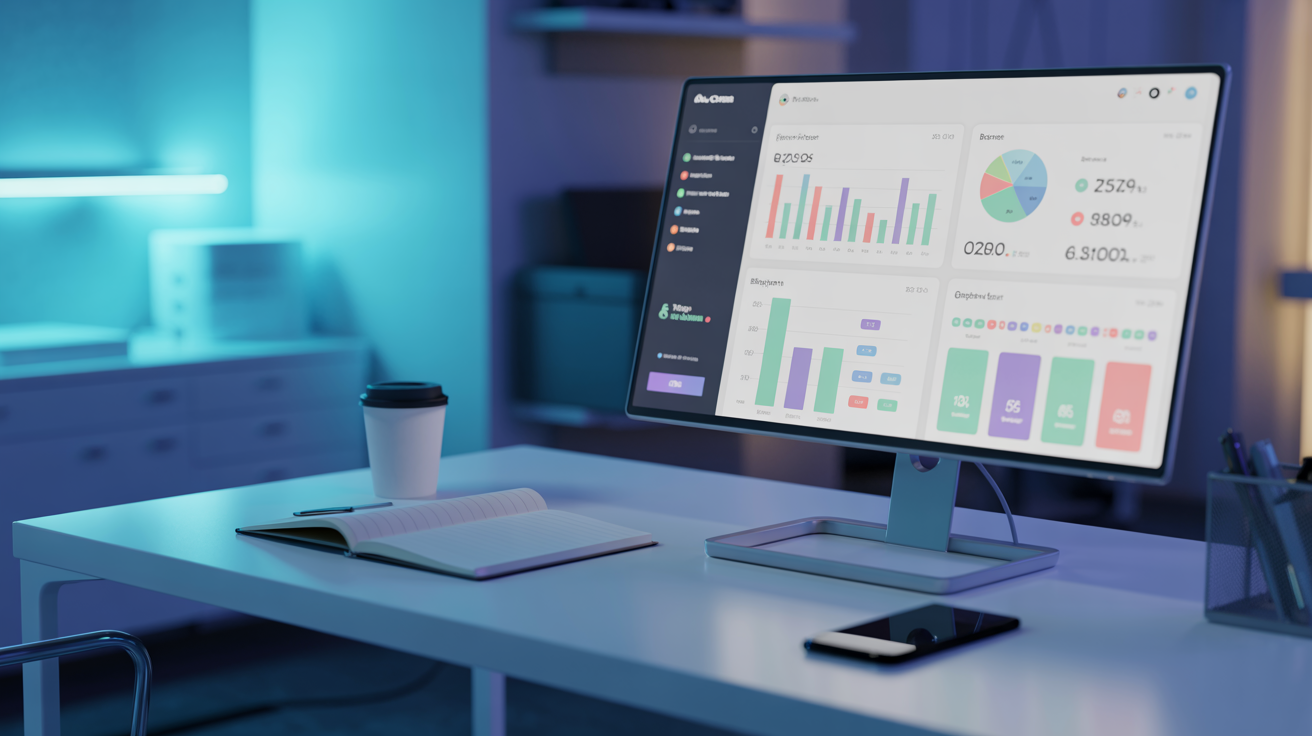 Modern workspace with financial dashboard showing expense analytics and budget tracking