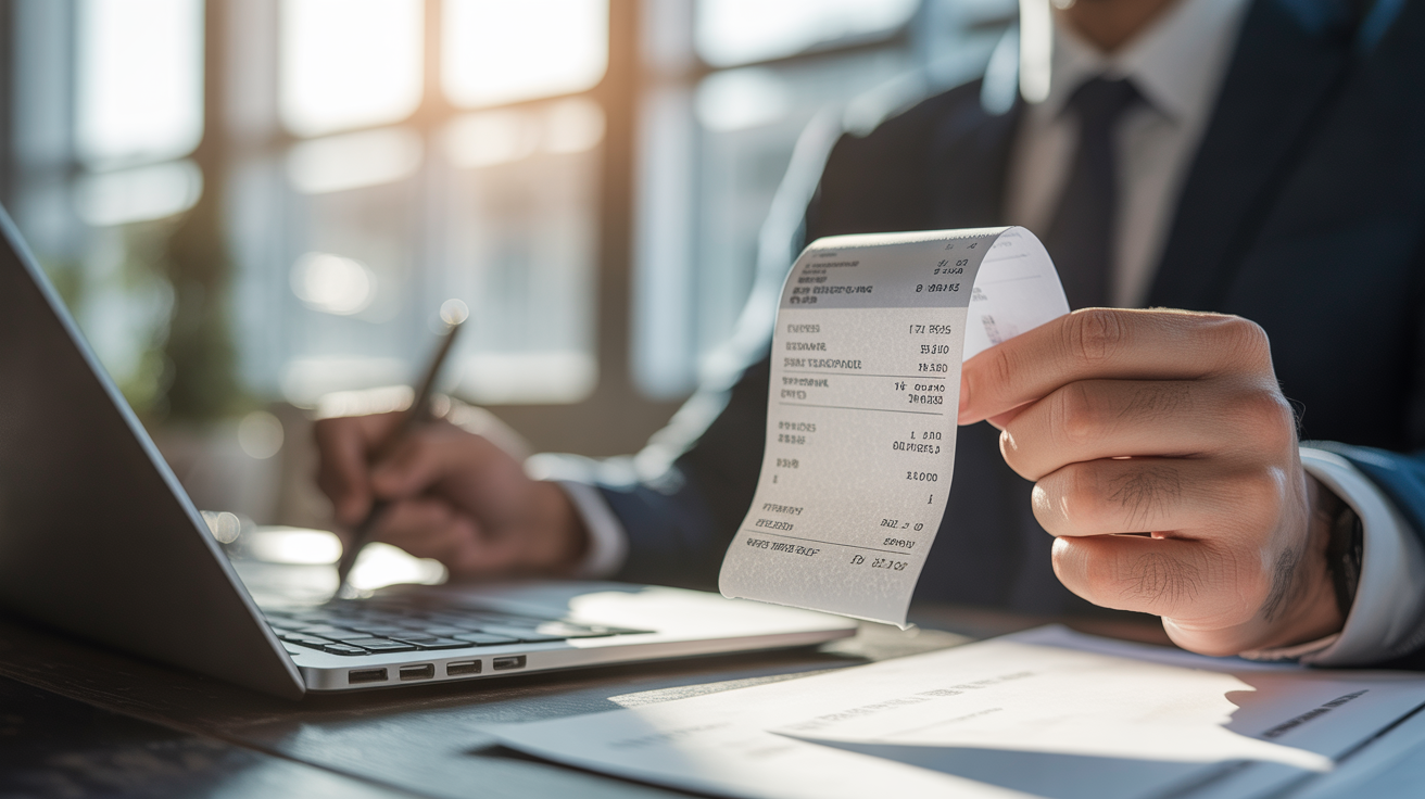 Professional reviewing and scanning receipt documents with digital tools
