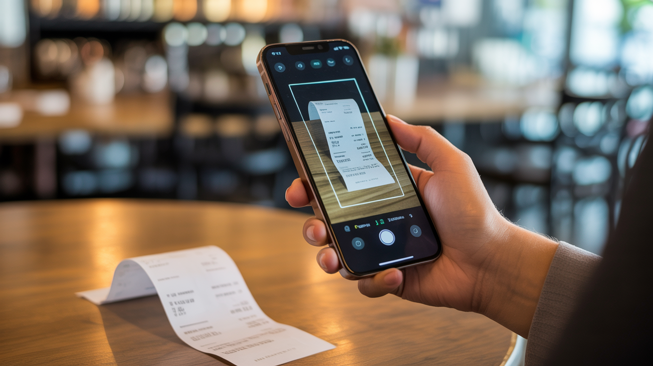 Person scanning a receipt with a smartphone using Cost CheqMate AI-powered receipt scanning